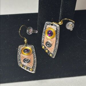 Artisan Style Mixed Metal  Dangle Earrings with Purple Accents